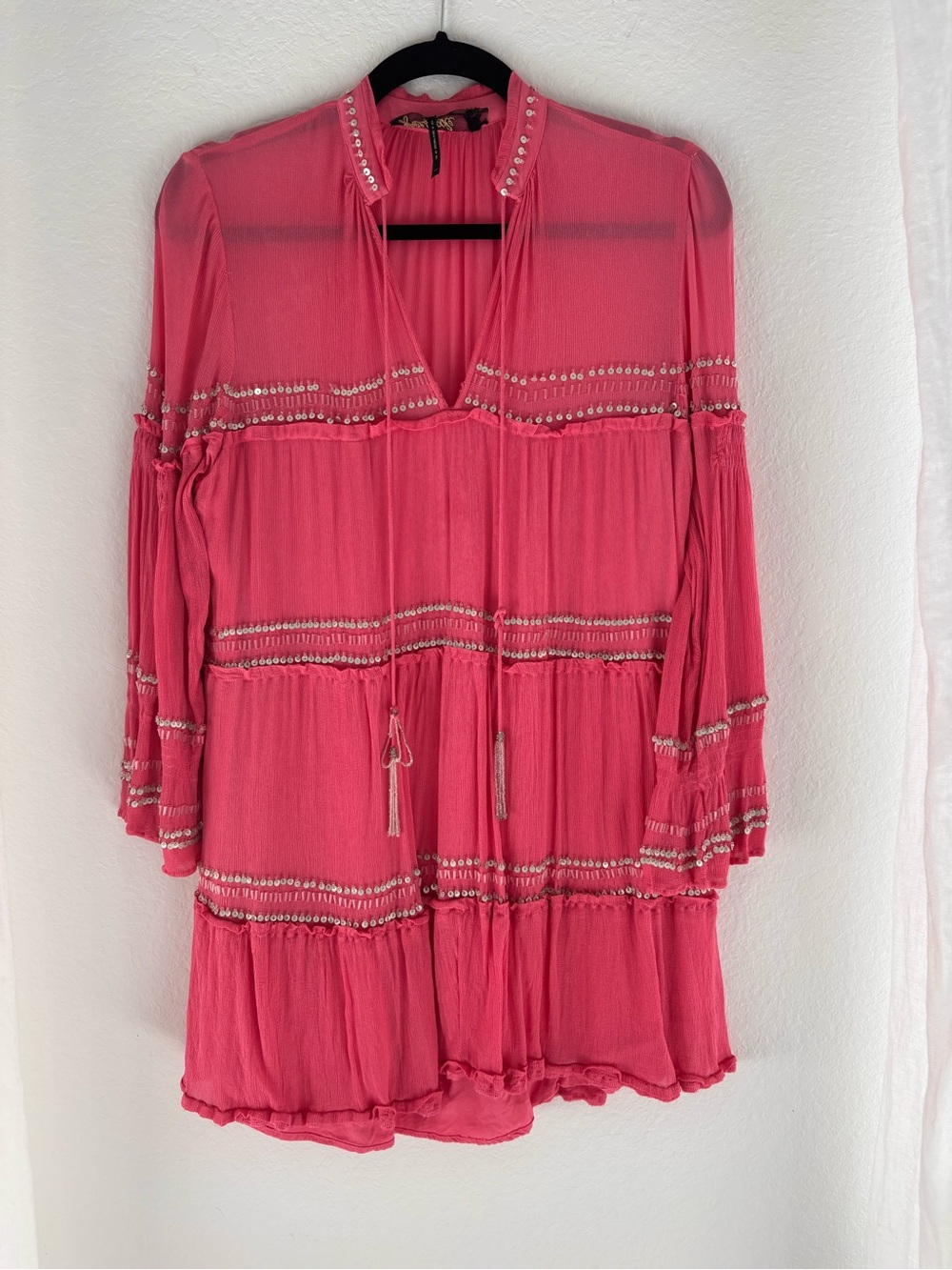 Free People Bright Pink Boho Tunic Dress with beading